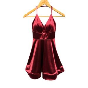 Pear Culture Womens XS Satin Mini Dress Burgundy Halter V Neck Fit & Flare Party